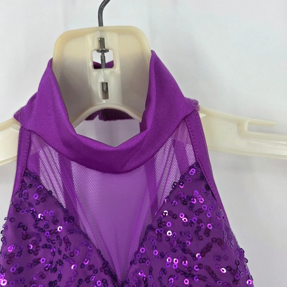 Weissman Purple Sequin Mock Neck Halter Dance Costume Skirted Leotard Kids SC